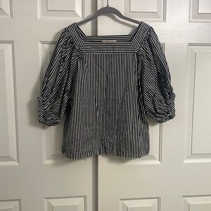A1- LOFT Black White Stripe Pullover Blouse Square Neckline Puffy Sleeve Medium